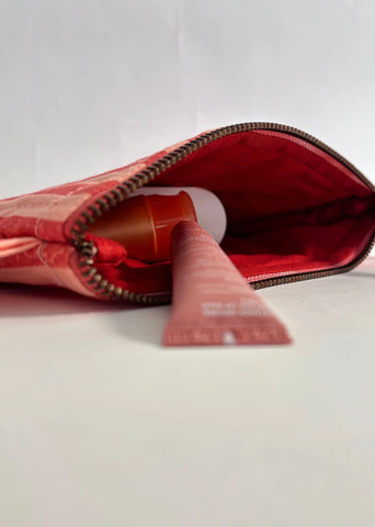Sustainable Quilted Cotton Travel Pouch Flat Frill Organizer- Pink & Red Stripes