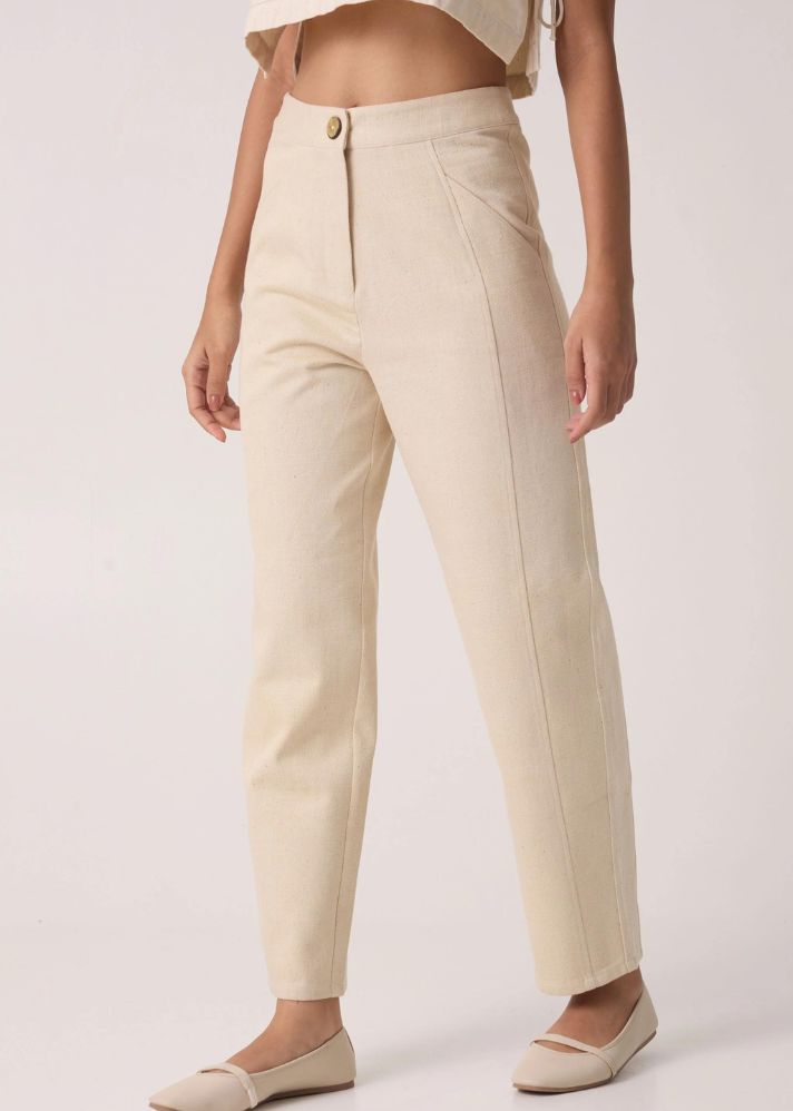 A Model Wearing Blue Handwoven Cotton Sunisa Off White Denim Pants , curated by Only Ethikal