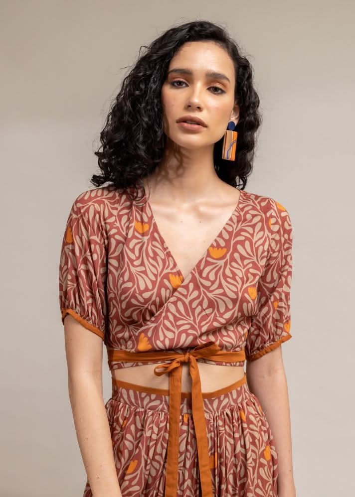 A Model Wearing Brown Upcycled Cotton  Ana Wrap Top, curated by Only Ethikal