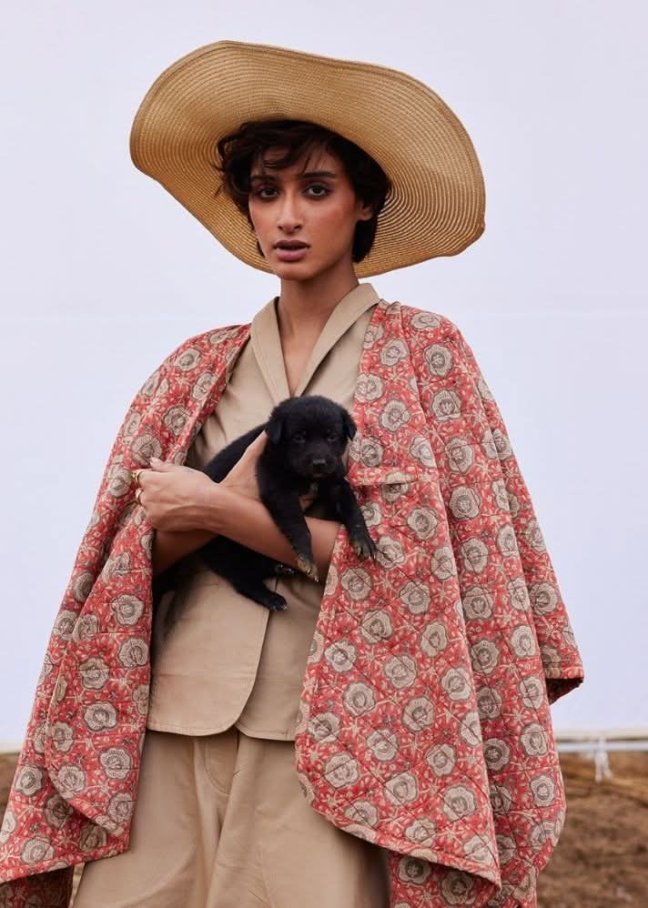 A Model Wearing Multicolor,Pure Cotton Cider Cape curated by Only Ethikal