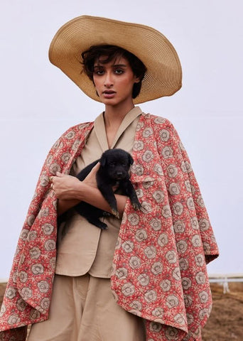 A Model Wearing Multicolor,Pure Cotton Cider Cape curated by Only Ethikal