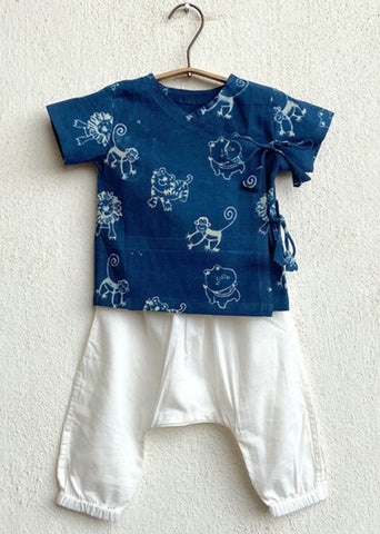 Unisex Organic Zoo Print Indigo Angarakha Top & White Pants