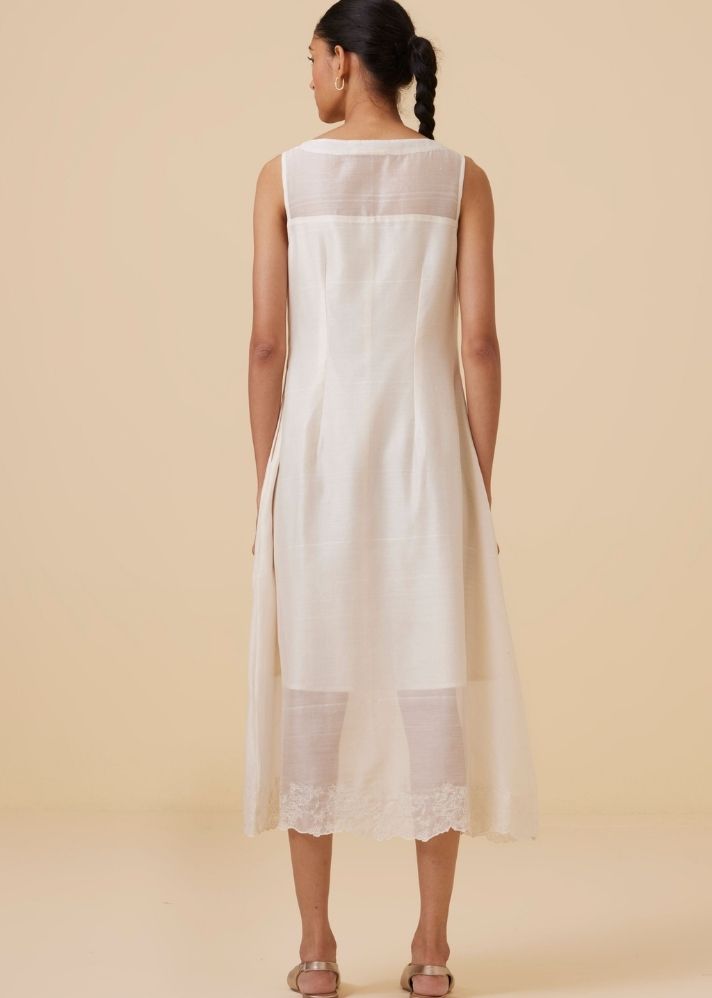 A Model Wearing White Handwoven Cotton Reyah Handwoven Embroidered Midi Dress , curated by Only Ethikal