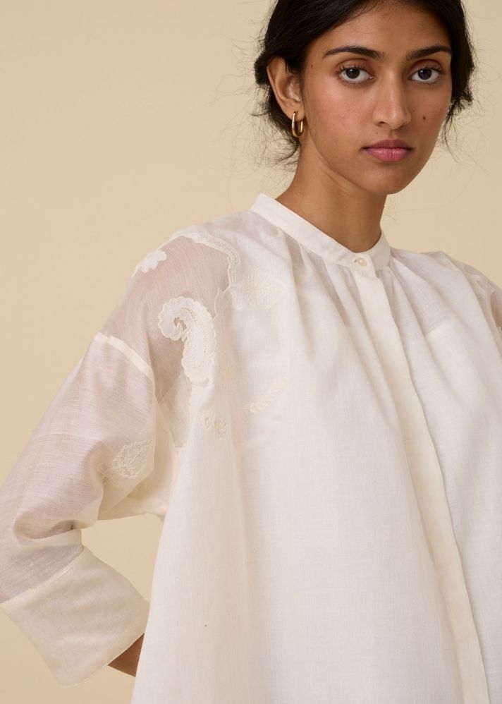 A Model Wearing White Handwoven Cotton Raha Embroidered Handwoven Top , curated by Only Ethikal