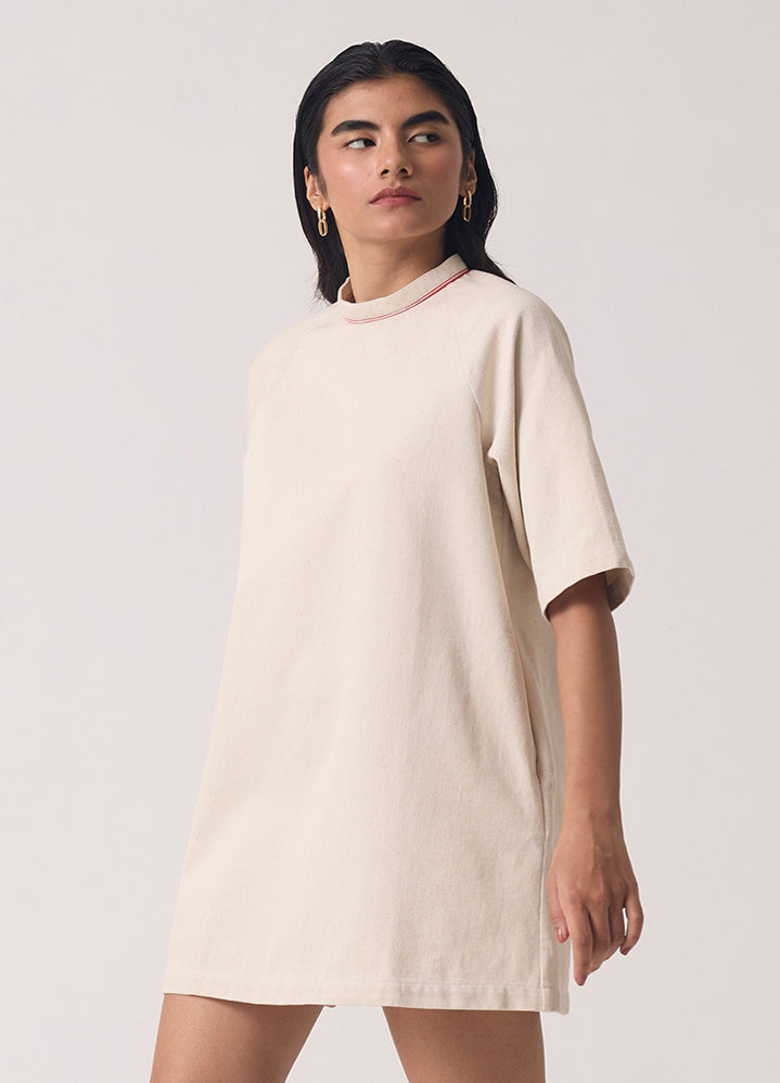 A Model Wearing White Handwoven Cotton Soichi Off White Handwoven Dress, curated by Only Ethikal