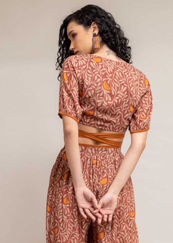 A Model Wearing Brown Upcycled Cotton  Ana Wrap Top, curated by Only Ethikal