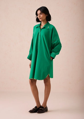A Model Wearing Green Poplin The Forest Everyday Classic Organic Cotton Shirt Dress, curated by Only Ethikal