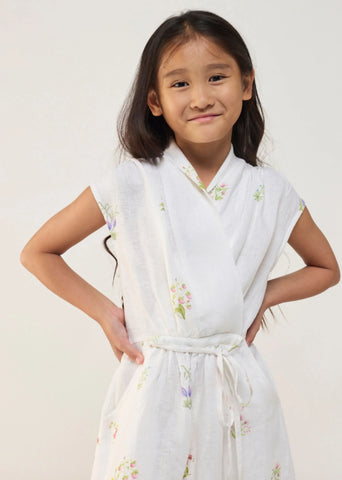 Kids Mema Shawl Printed Collar Linen Dress- White