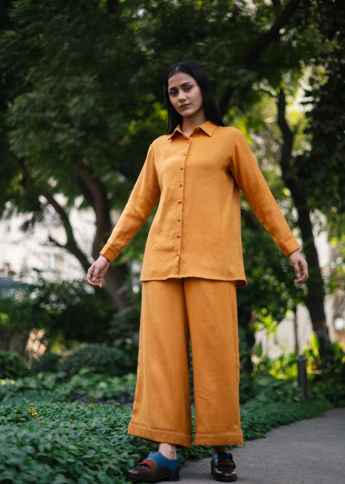 A Model Wearing Yellow Wool Yellow Mahoniacoord Set , curated by Only Ethikal