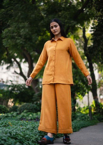 A Model Wearing Yellow Wool Yellow Mahoniacoord Set , curated by Only Ethikal