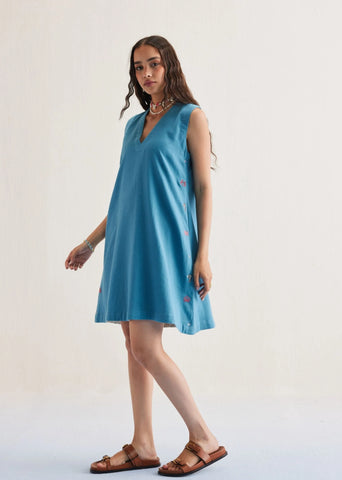 A Model Wearing Blue Organic Cotton Marine Summer Cotton Blue Dress , curated by Only Ethikal