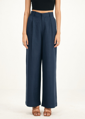 Beige Linen Striped Band Collar Top & Pant Co-Ord Set