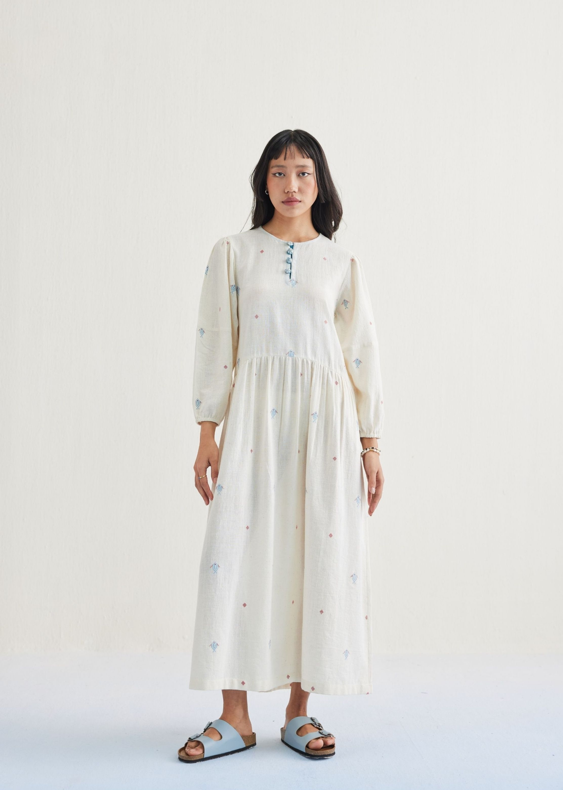 A Model Wearing Off White Handwoven Cotton The Shoal Handwoven Kala Cotton Maxi Dress, curated by Only Ethikal