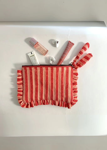 Sustainable Quilted Cotton Travel Pouch Flat Frill Organizer- Pink & Red Stripes
