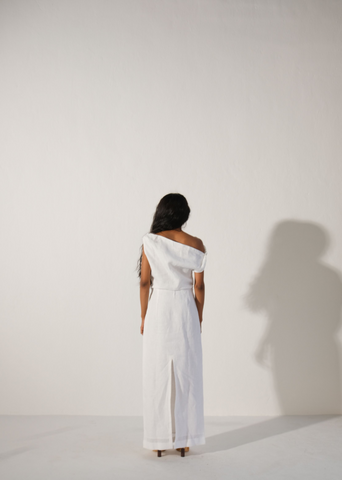 100% Linen Asymmetrical Straight Dress | White