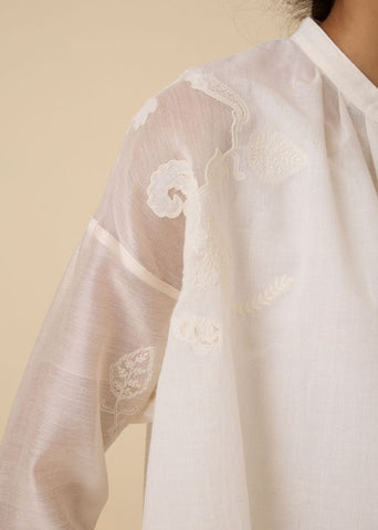A Model Wearing White Handwoven Cotton Raha Embroidered Handwoven Top , curated by Only Ethikal