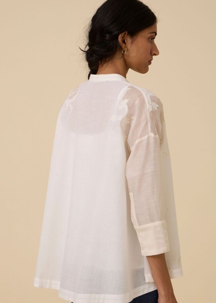 A Model Wearing White Handwoven Cotton Raha Embroidered Handwoven Top , curated by Only Ethikal