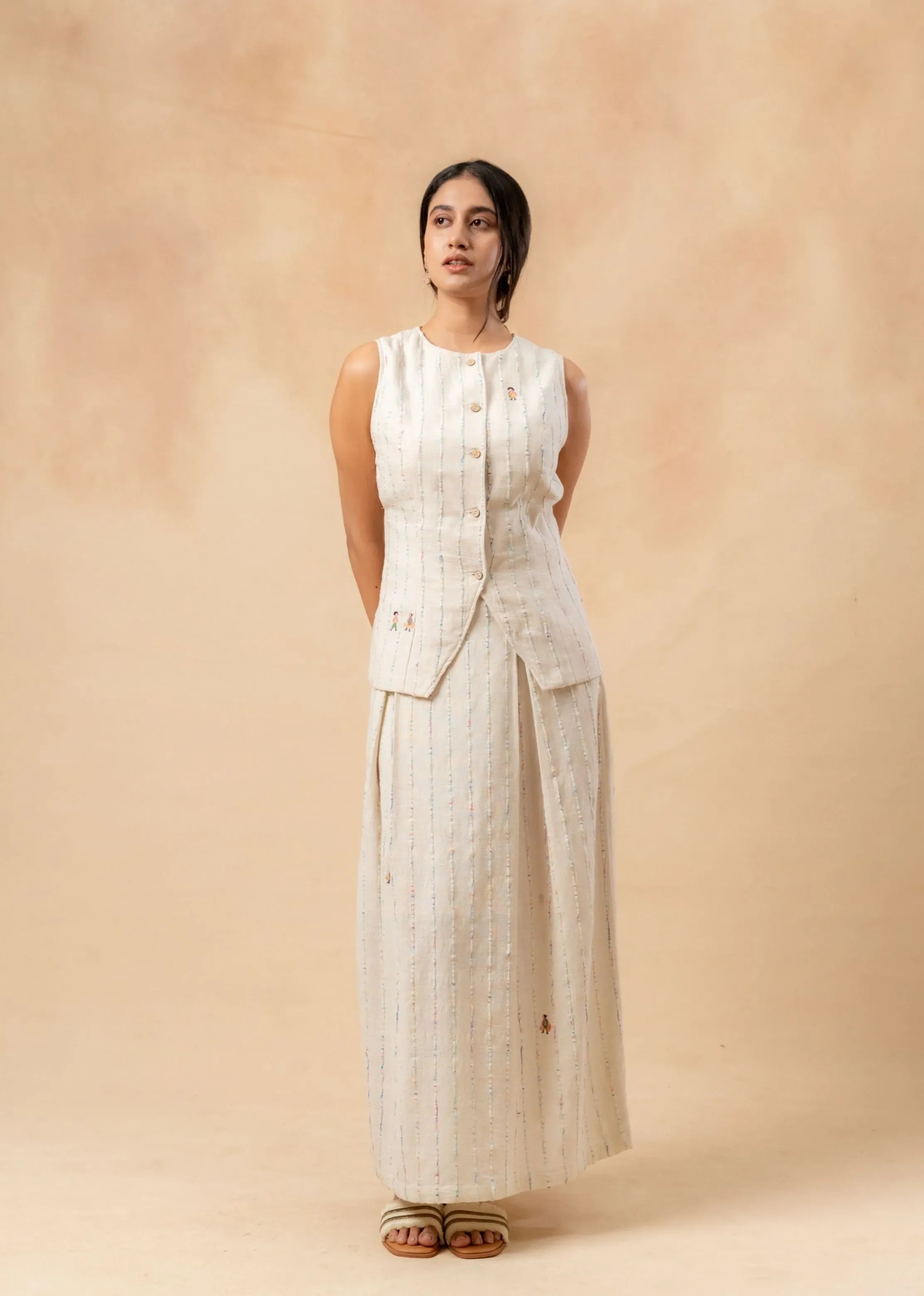 A Model Wearing Beige Upcycled Fabric Margret Set, curated by Only Ethikal
