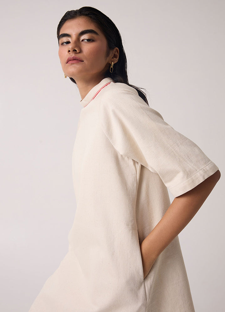 A Model Wearing White Handwoven Cotton Soichi Off White Handwoven Dress, curated by Only Ethikal