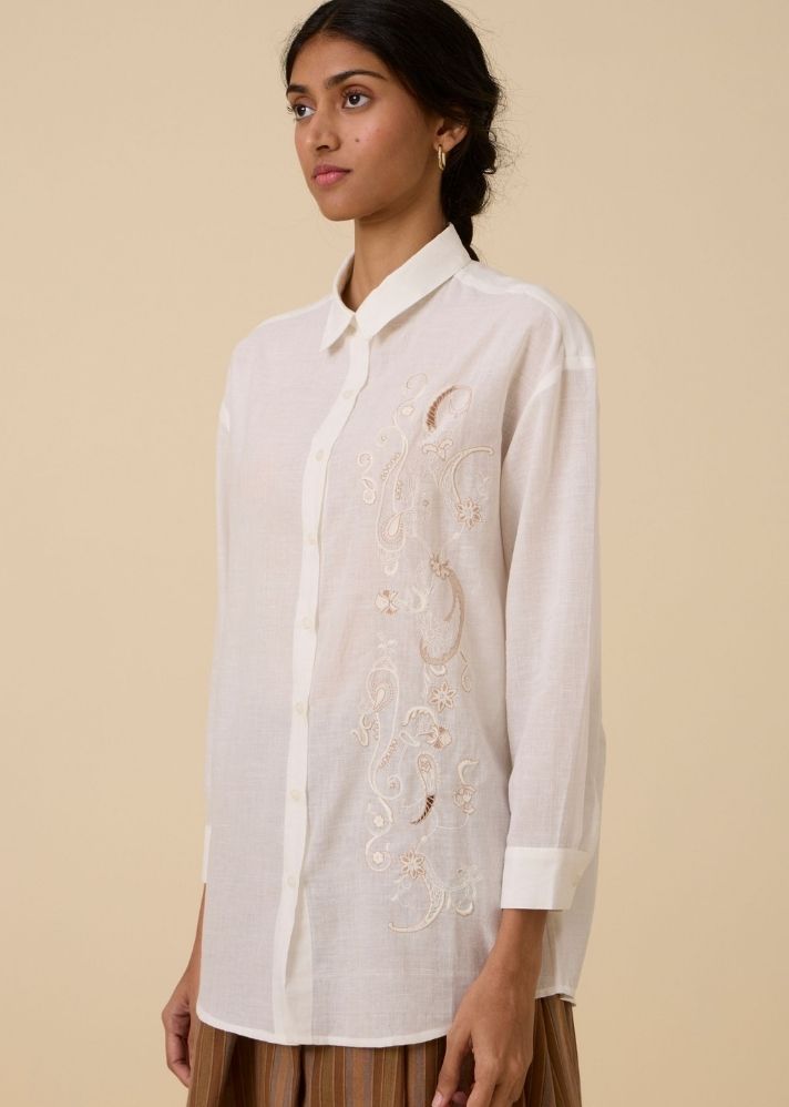 A Model Wearing White Handwoven Cotton Joyce Embroidered Handwoven Shirt , curated by Only Ethikal