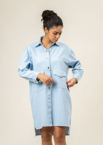 A Model Wearing Blue Upcycled Denim Greta Shirt Dress, curated by Only Ethikal