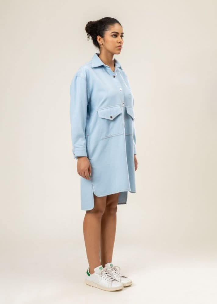 A Model Wearing Blue Upcycled Denim Greta Shirt Dress, curated by Only Ethikal