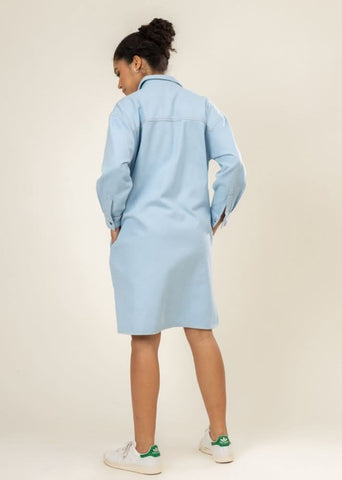 A Model Wearing Blue Upcycled Denim Greta Shirt Dress, curated by Only Ethikal
