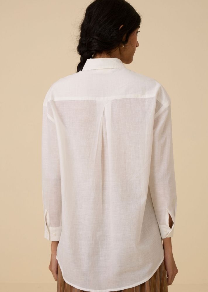 A Model Wearing White Handwoven Cotton Joyce Embroidered Handwoven Shirt , curated by Only Ethikal