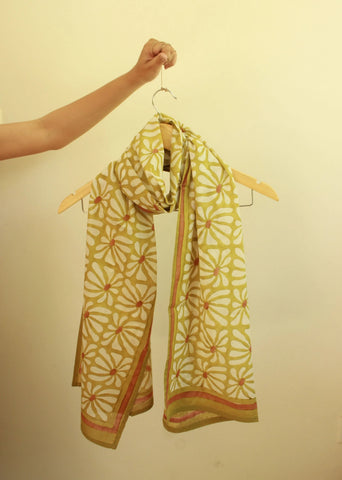 Geometric Flowers Green And White Cotton Scarf Stole