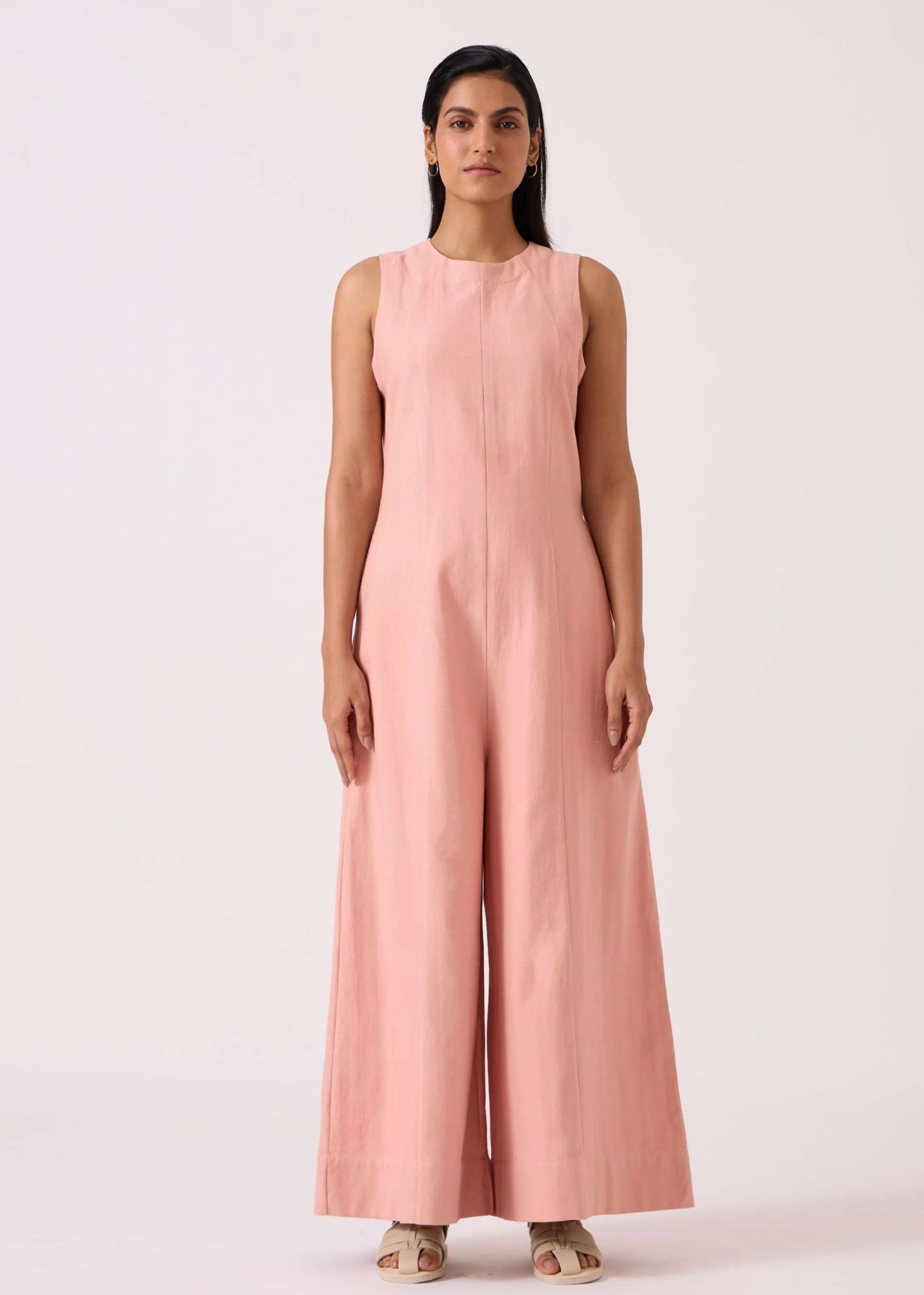 A Model Wearing Pink Handwoven Cotton Vronsky Pink Handwoven Jumpsuit, curated by Only Ethikal