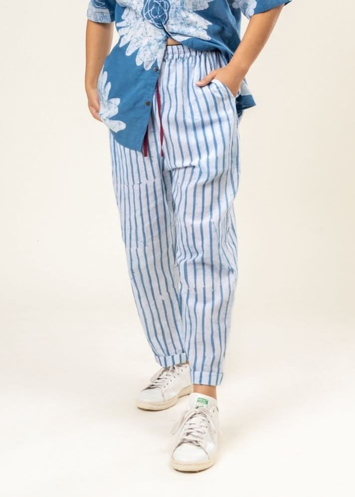 A Model Wearing Multicolor Upcycled Cotton Martha Striped Pants, curated by Only Ethikal