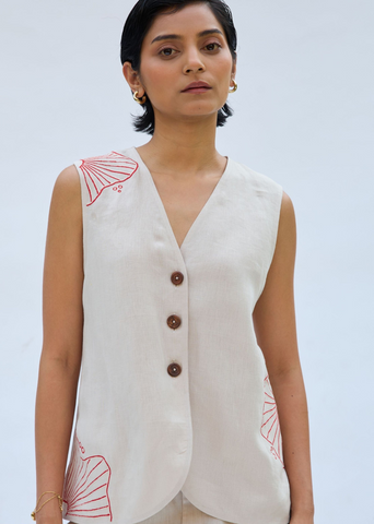 A Model Wearing Off White Linen The Misty Linen Waistcoat, curated by Only Ethikal