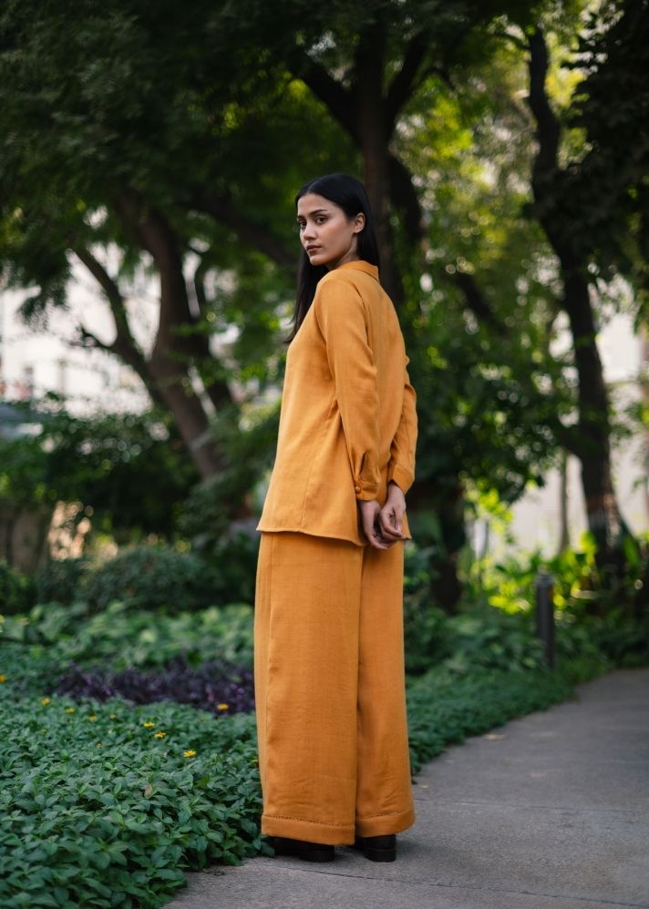 A Model Wearing Yellow Wool Yellow Mahoniacoord Set , curated by Only Ethikal