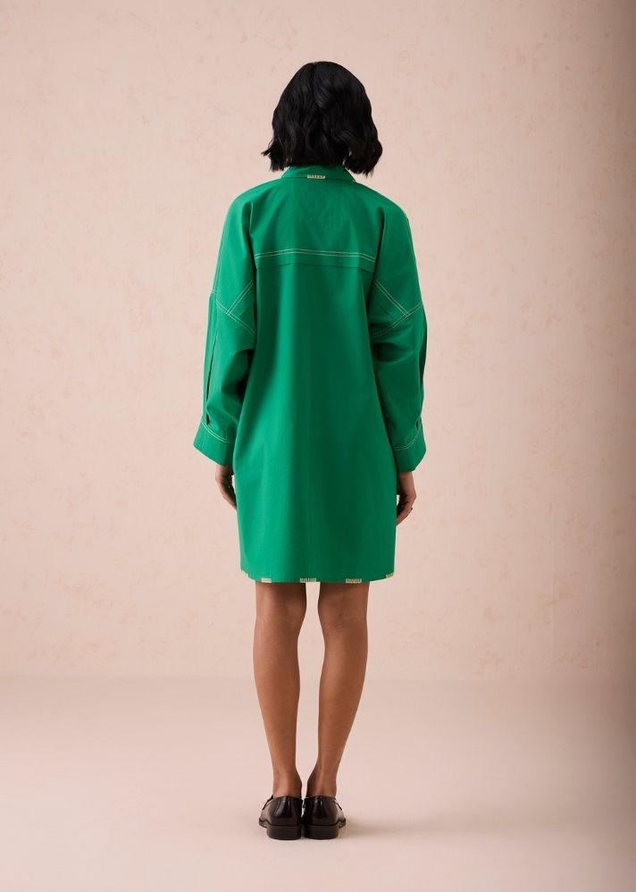 A Model Wearing Green Poplin The Forest Everyday Classic Organic Cotton Shirt Dress, curated by Only Ethikal
