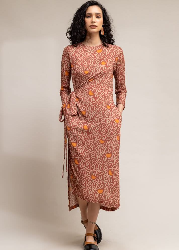 A Model Wearing Brown Upcycled Cotton  Felicia Slit Dress, curated by Only Ethikal