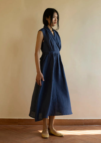Kara Shawl Collar Linen Dress- Navy