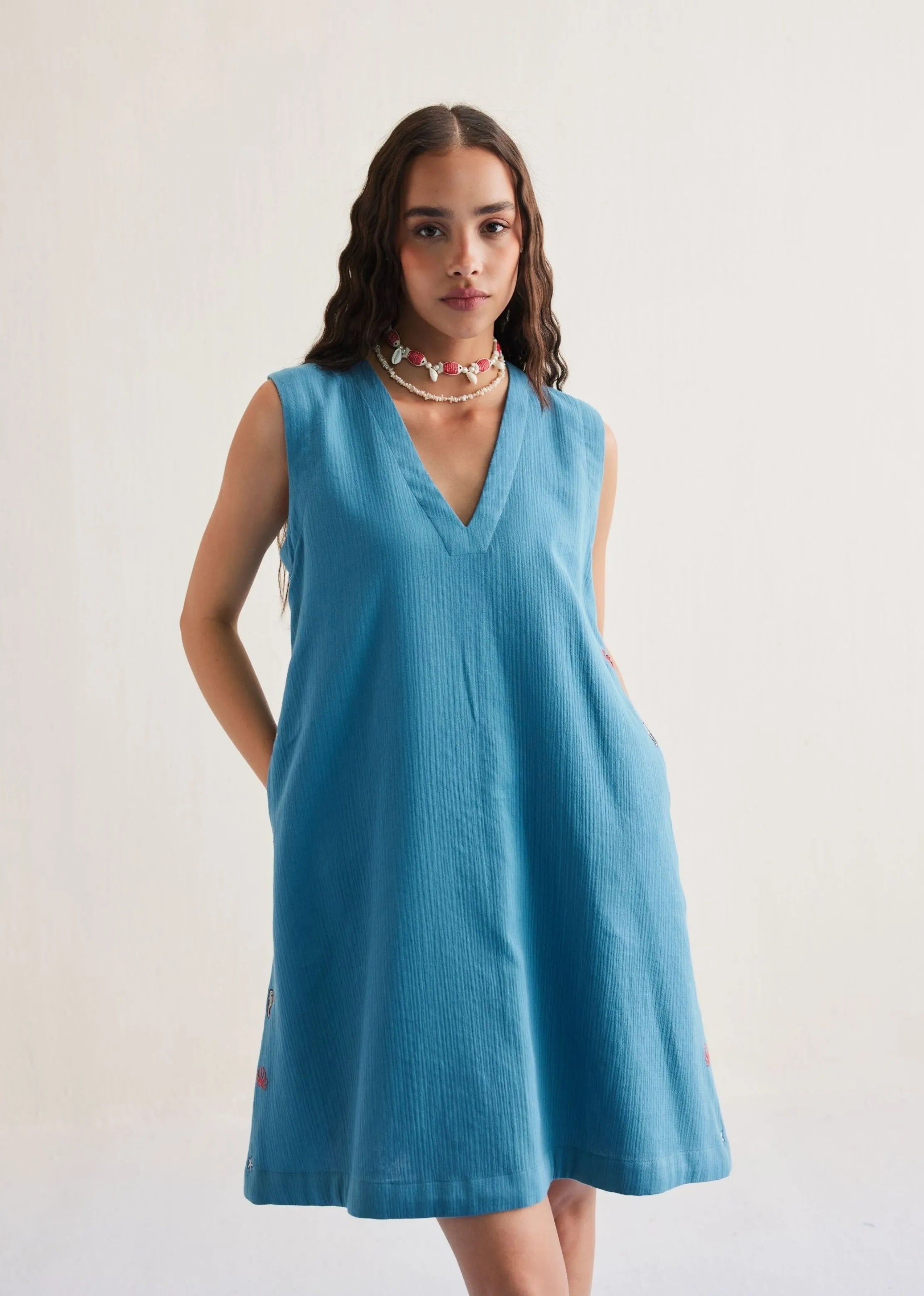 A Model Wearing Blue Organic Cotton Marine Summer Cotton Blue Dress , curated by Only Ethikal