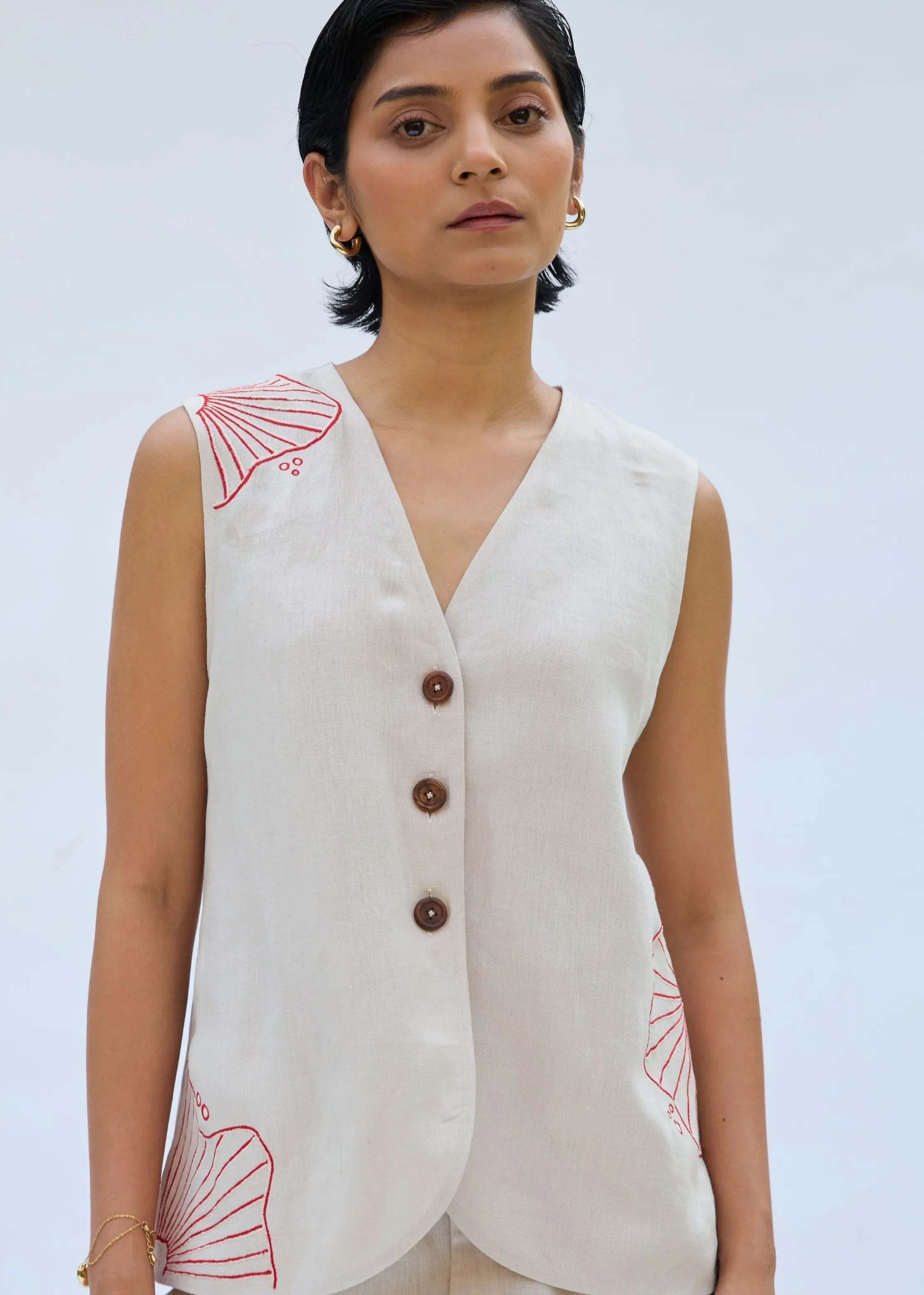 A Model Wearing Off White Linen The Misty Linen Waistcoat, curated by Only Ethikal