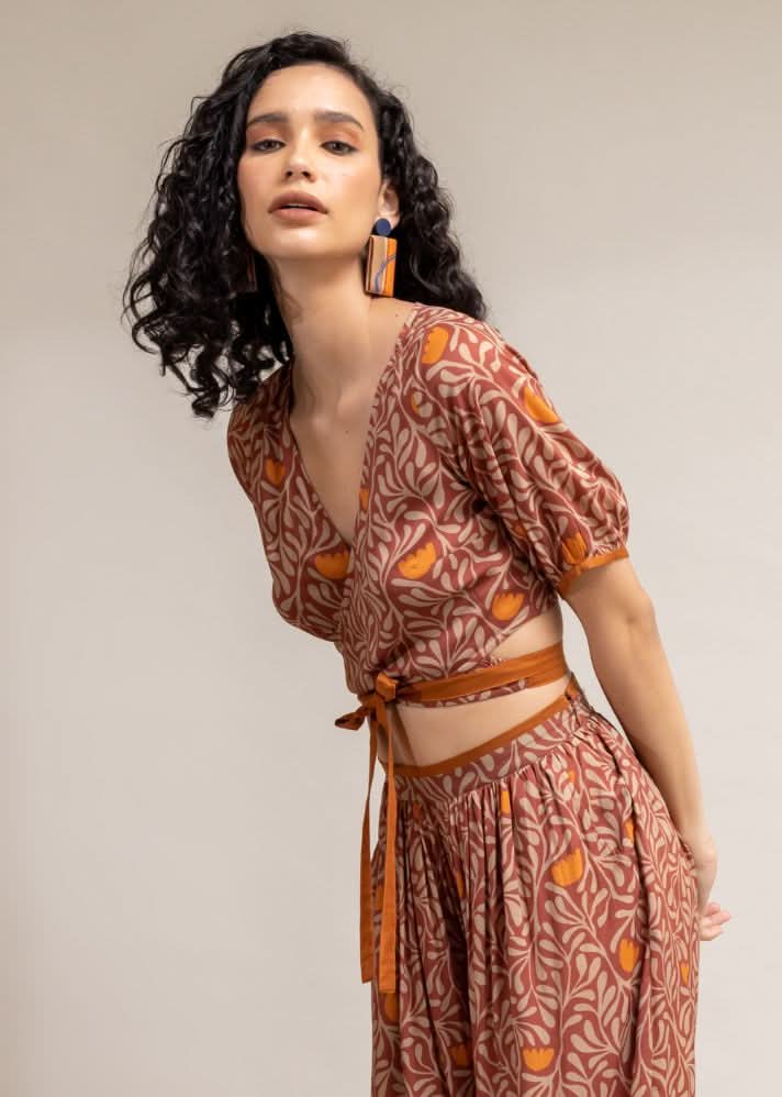 A Model Wearing Brown Upcycled Cotton  Ana Wrap Top, curated by Only Ethikal