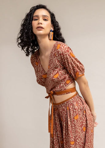 A Model Wearing Brown Upcycled Cotton  Ana Wrap Top, curated by Only Ethikal