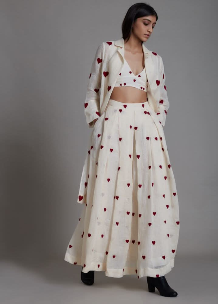 A Model Wearing White Linen Heart Cover Lehenga Set- Oatmeal, curated by Only Ethikal