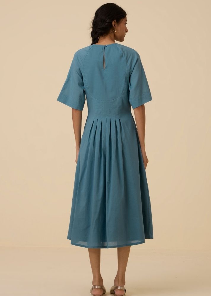A Model Wearing Blue Organic Cotton Tamina Blue Cotton Midi Dress , curated by Only Ethikal