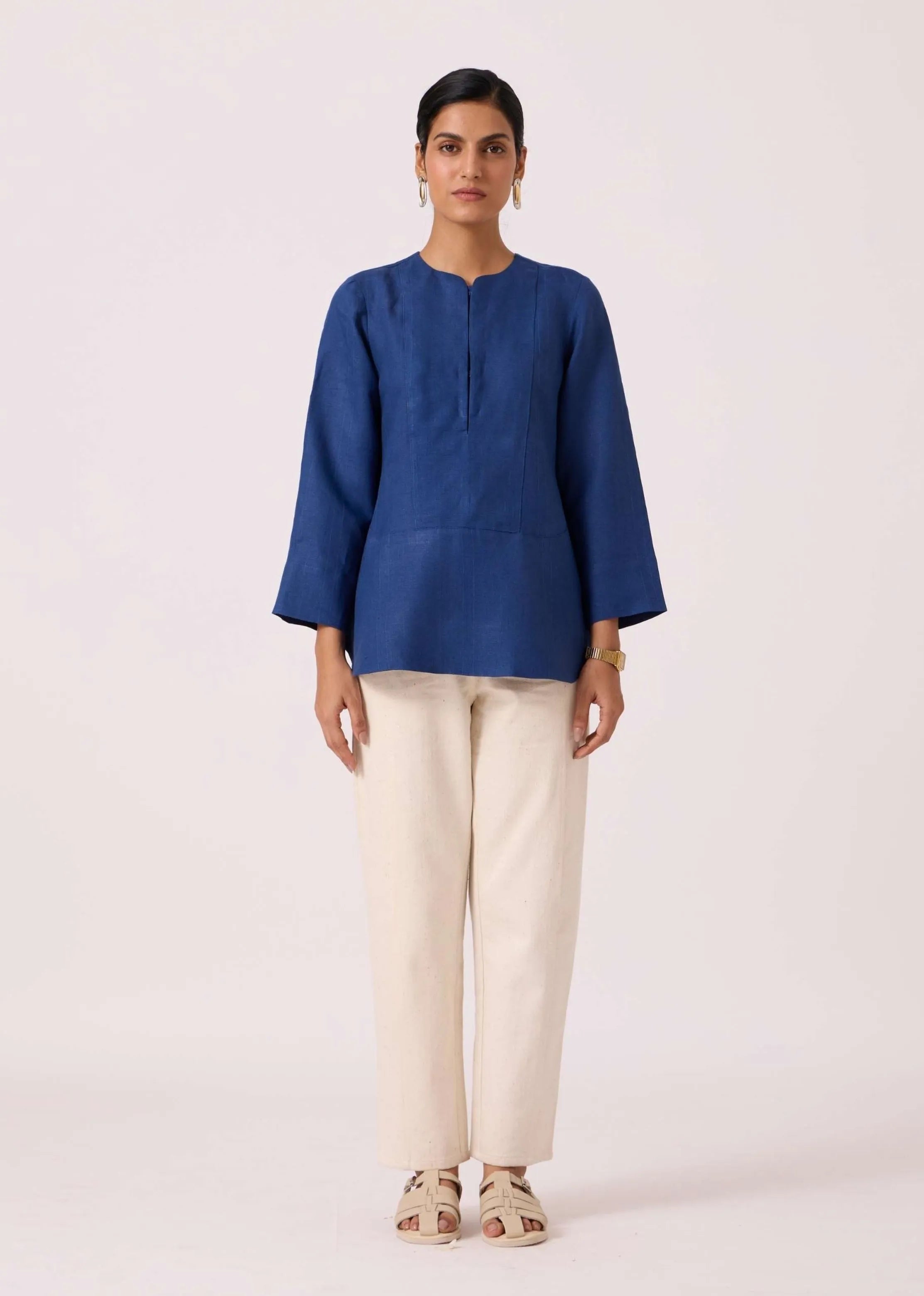 A Model Wearing Blue Linen Oceania Blue Linen Top, curated by Only Ethikal