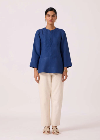 A Model Wearing Blue Linen Oceania Blue Linen Top, curated by Only Ethikal