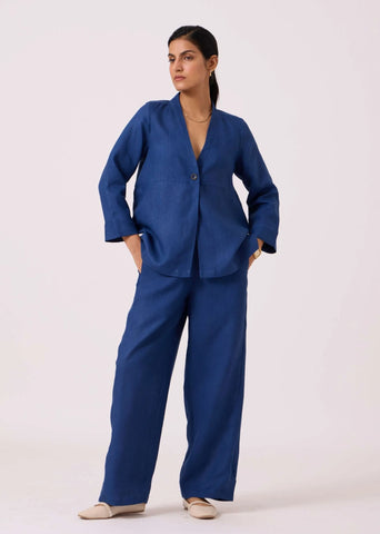 A Model Wearing Blue Linen Aldous Blue Linen Pants, curated by Only Ethikal