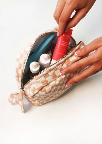 Sustainable Quilted Cotton Travel Pouch- Peach & White Organizer