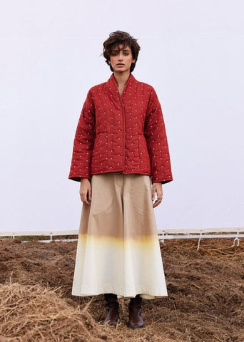A Model Wearing Red Pure Cotton Amber Jacket Red curated by Only Ethikal