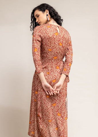 A Model Wearing Brown Upcycled Cotton  Felicia Slit Dress, curated by Only Ethikal