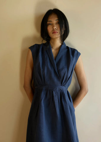 Kara Shawl Collar Linen Dress- Navy