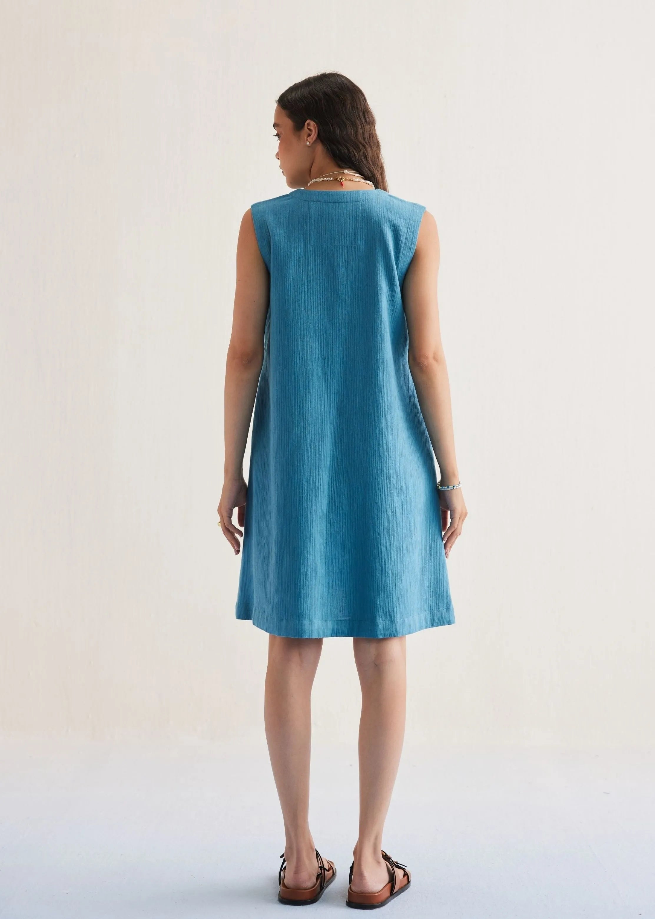A Model Wearing Blue Organic Cotton Marine Summer Cotton Blue Dress , curated by Only Ethikal